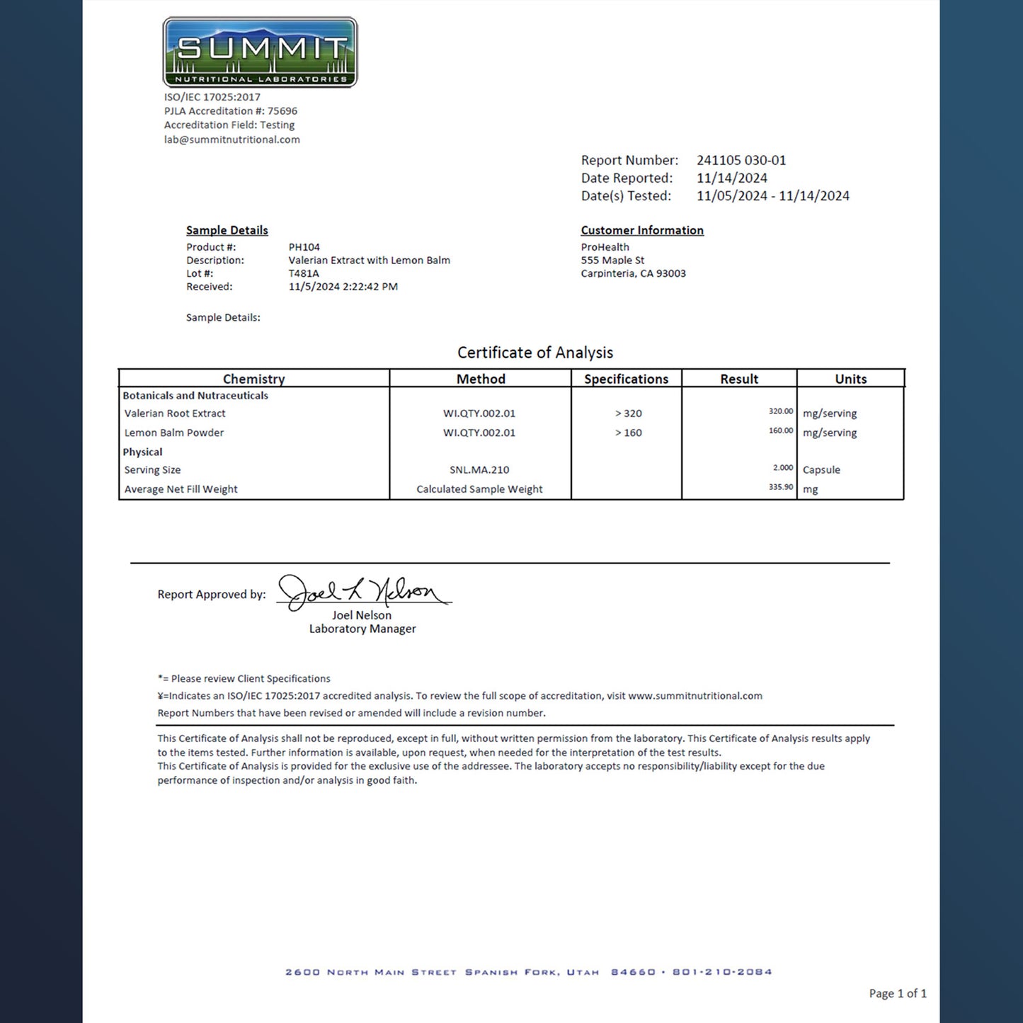 
                  
                    Valerian Extract with Lemon Balm Certificate of Analysis
                  
                