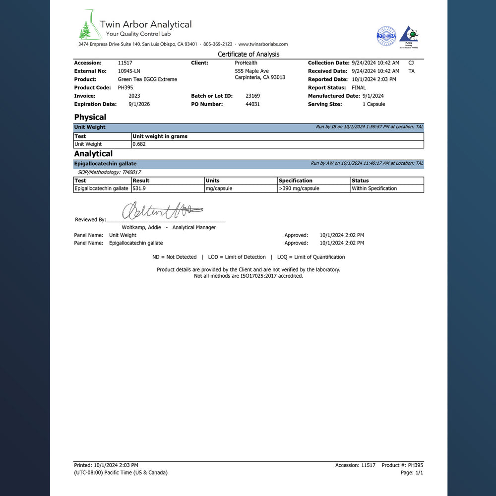 
                  
                    Green Tea EGCG Extreme™ Certificate of Analysis
                  
                