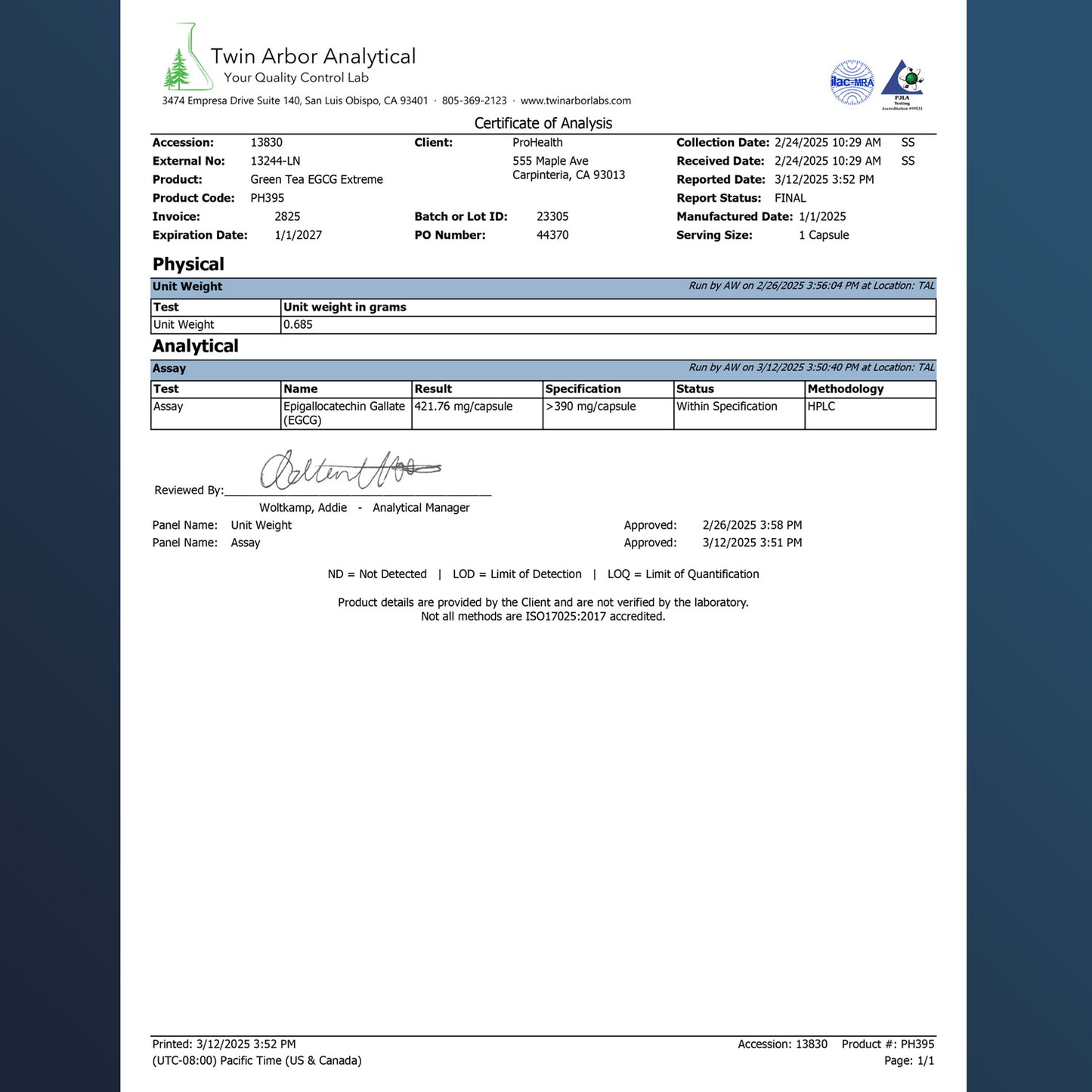 
                  
                    Green Tea EGCG Extreme™ Certificate of Analysis
                  
                