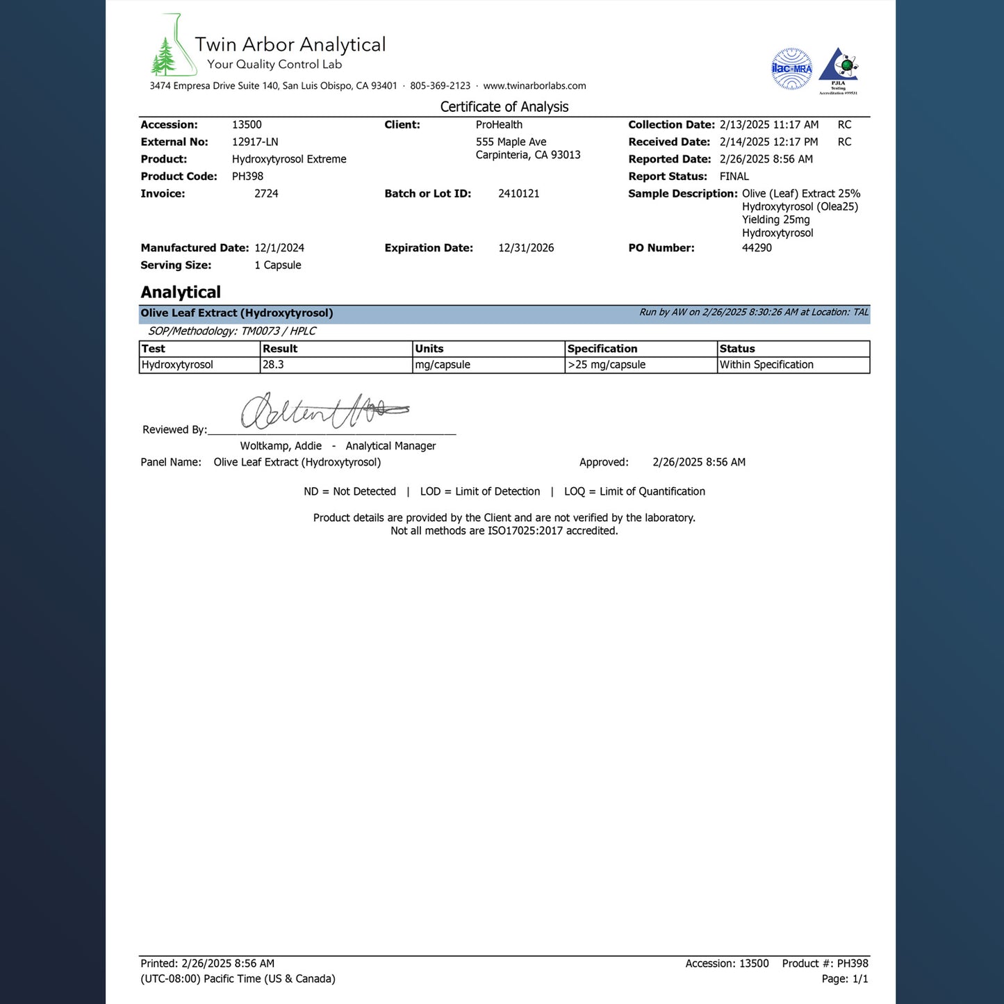 
                  
                    Hydroxytyrosol Extreme Certificate of Analysis
                  
                