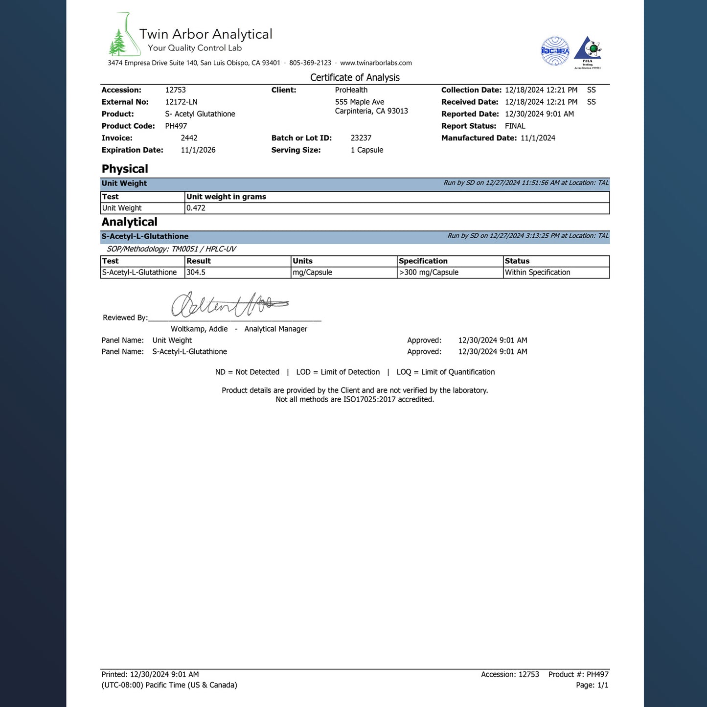 
                  
                    S-Acetyl Glutathione Certificate of Analysis
                  
                