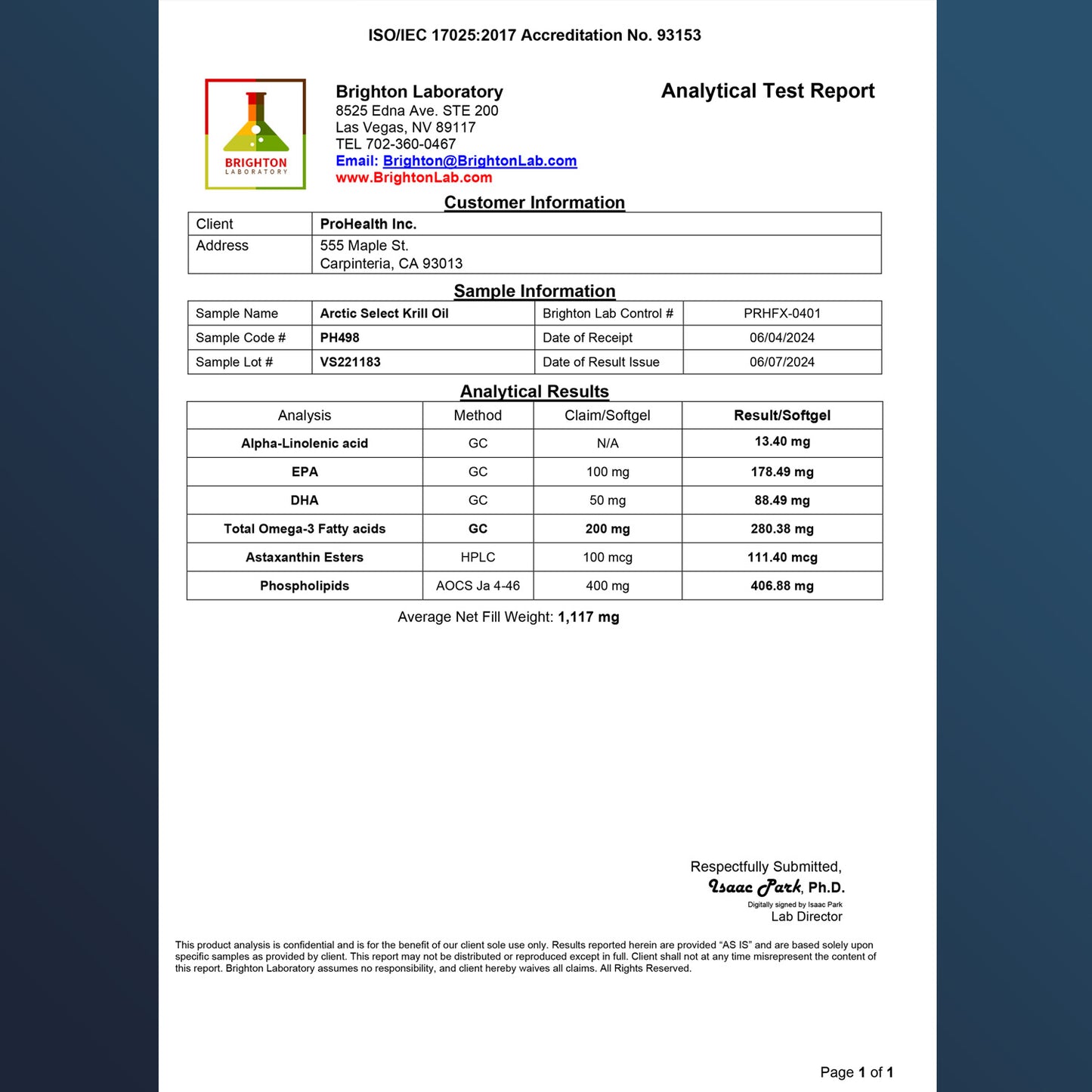 
                  
                    Arctic Select Krill Oil Certificate of Analysis
                  
                