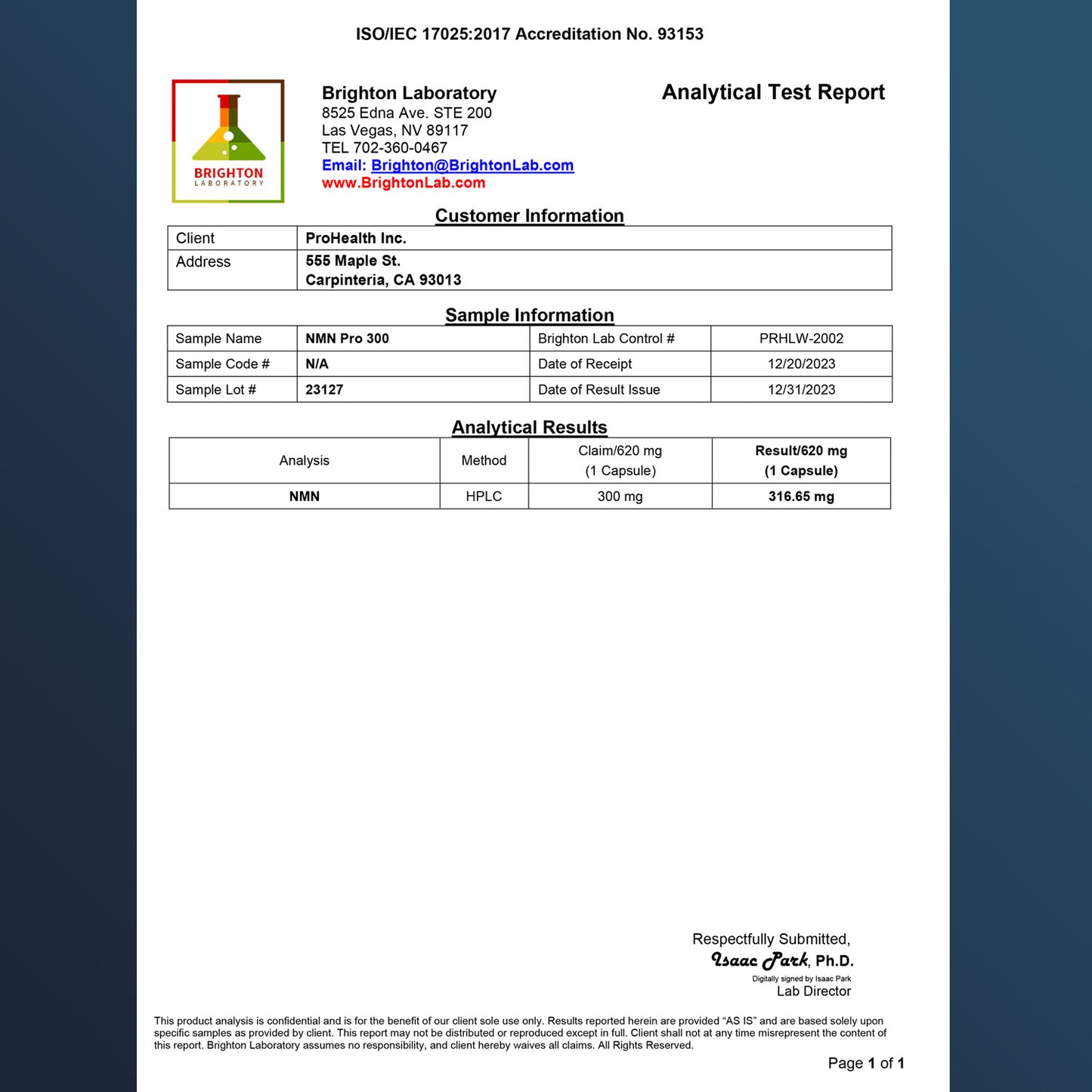 
                  
                    NMN Pro 300™ Certificate of Analysis
                  
                