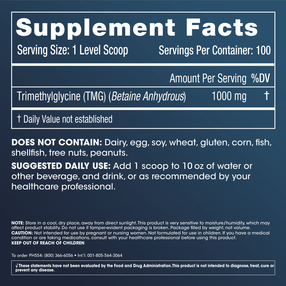 TMG Pro Powder 100 grams Supplement Facts and Label Information