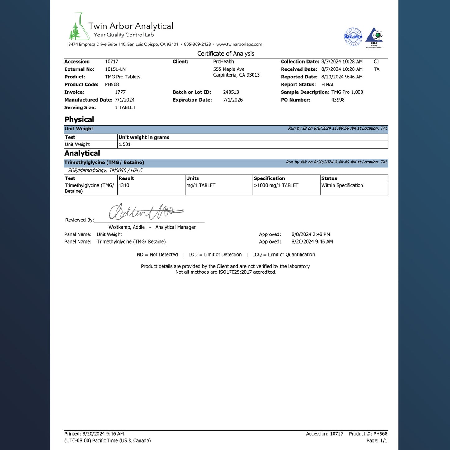 
                  
                    TMG Pro Tablets Certificate of Analysis
                  
                