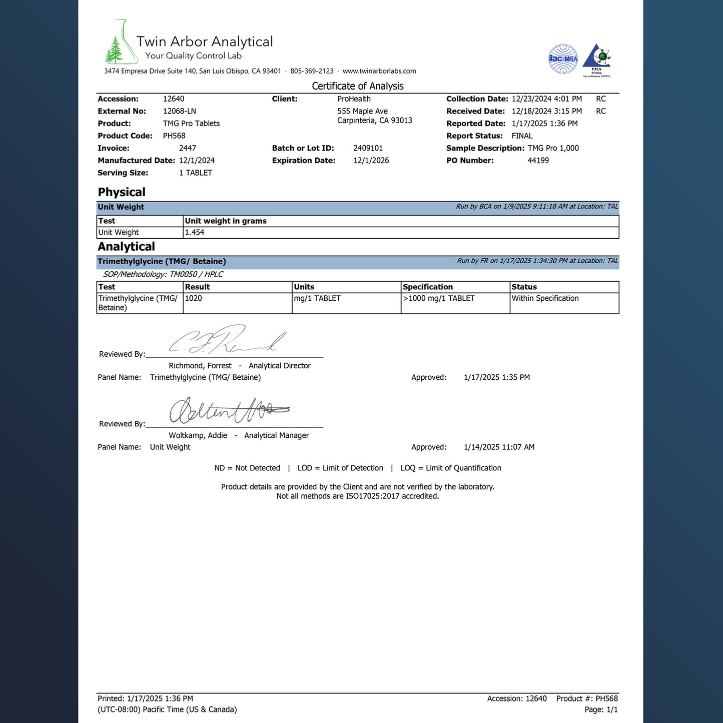 
                  
                    TMG Pro Tablets Certificate of Analysis
                  
                