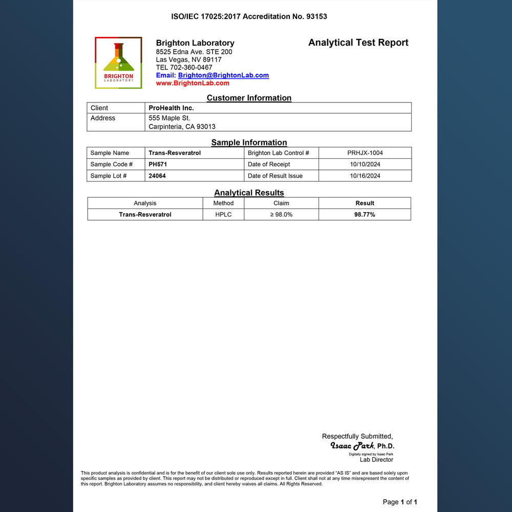 
                  
                    Bulk Micronized Trans-Resveratrol Powder Certificate of Analysis
                  
                