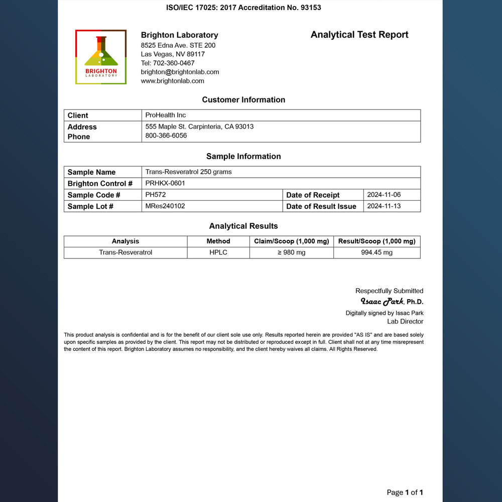 
                  
                    Trans-Resveratrol Pure Micronized Powder Certificate of Analysis
                  
                