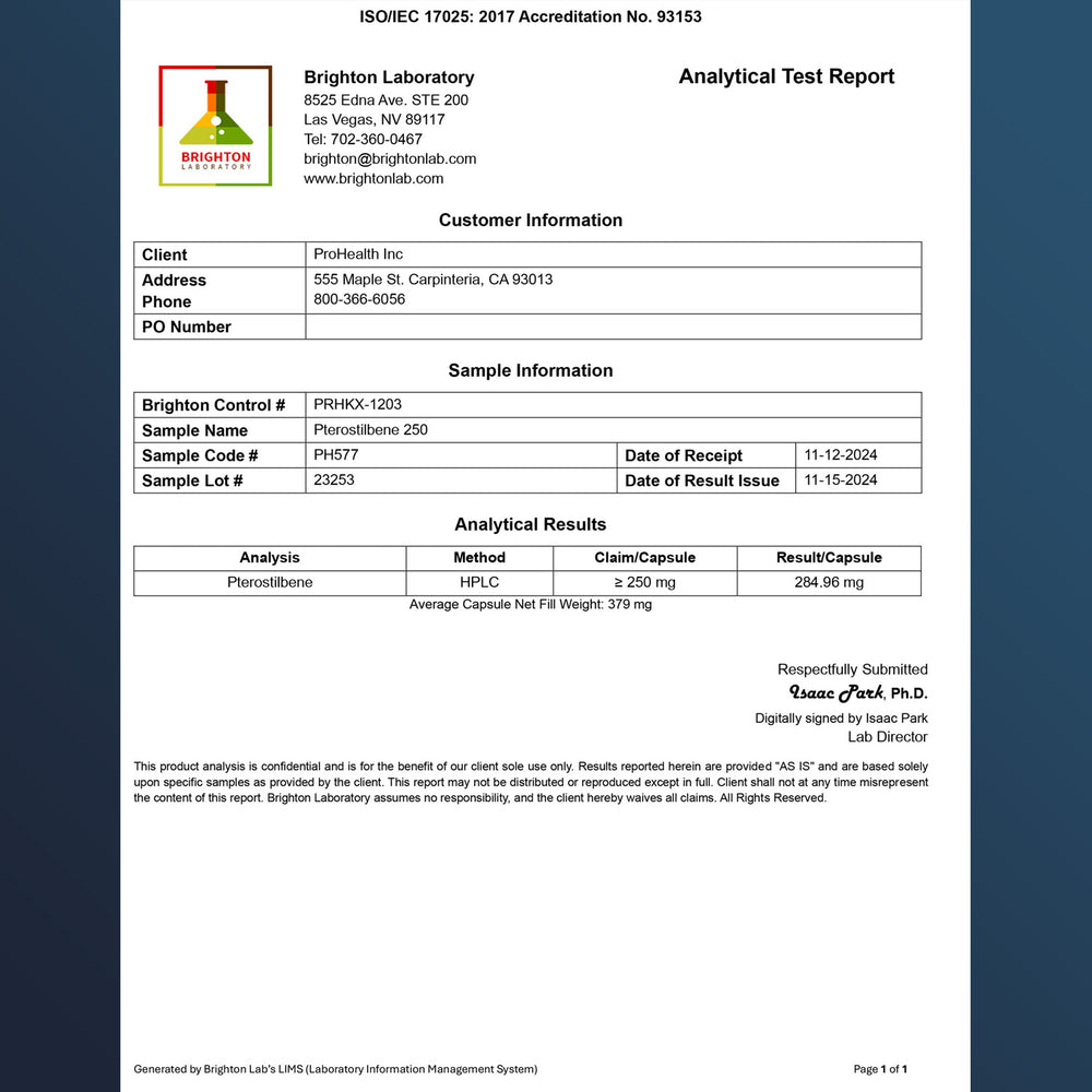 
                  
                    Pterostilbene Pro 250 Certificate of Analysis
                  
                