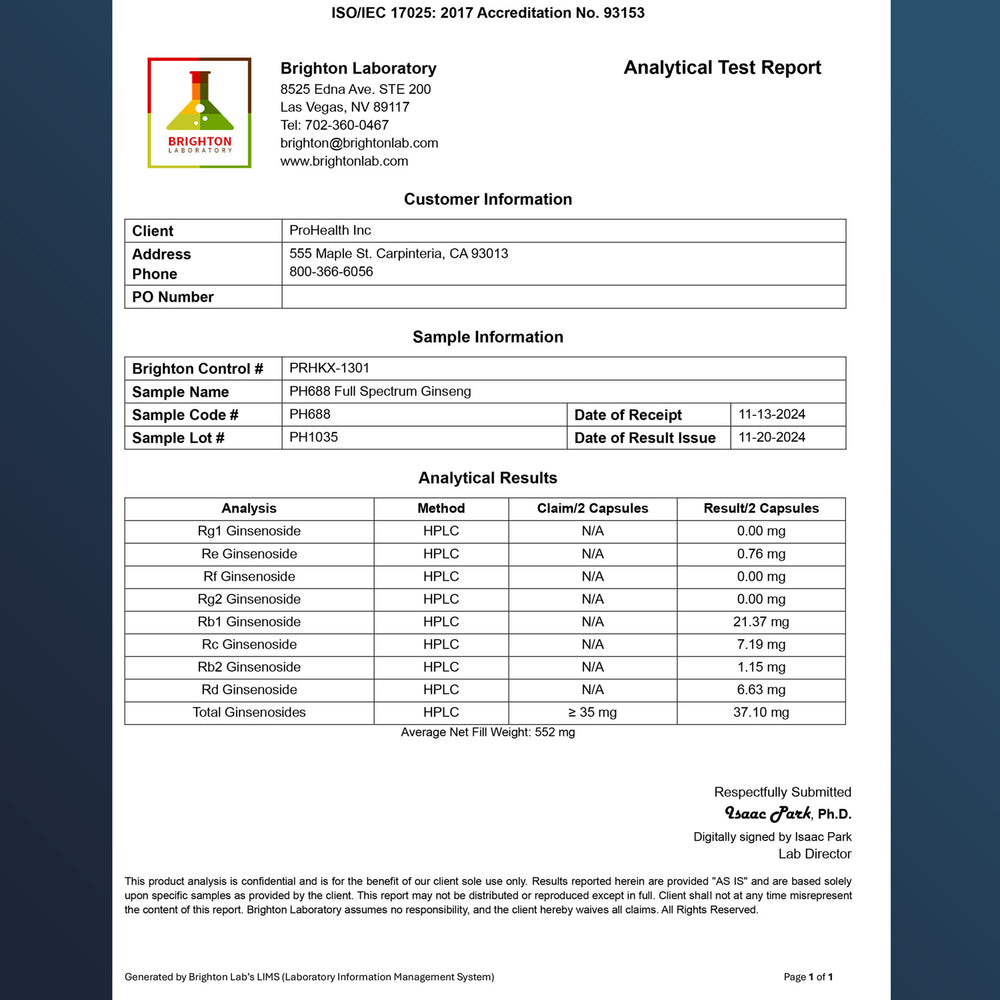 
                  
                    Full Spectrum Ginseng Certificate of Analysis
                  
                