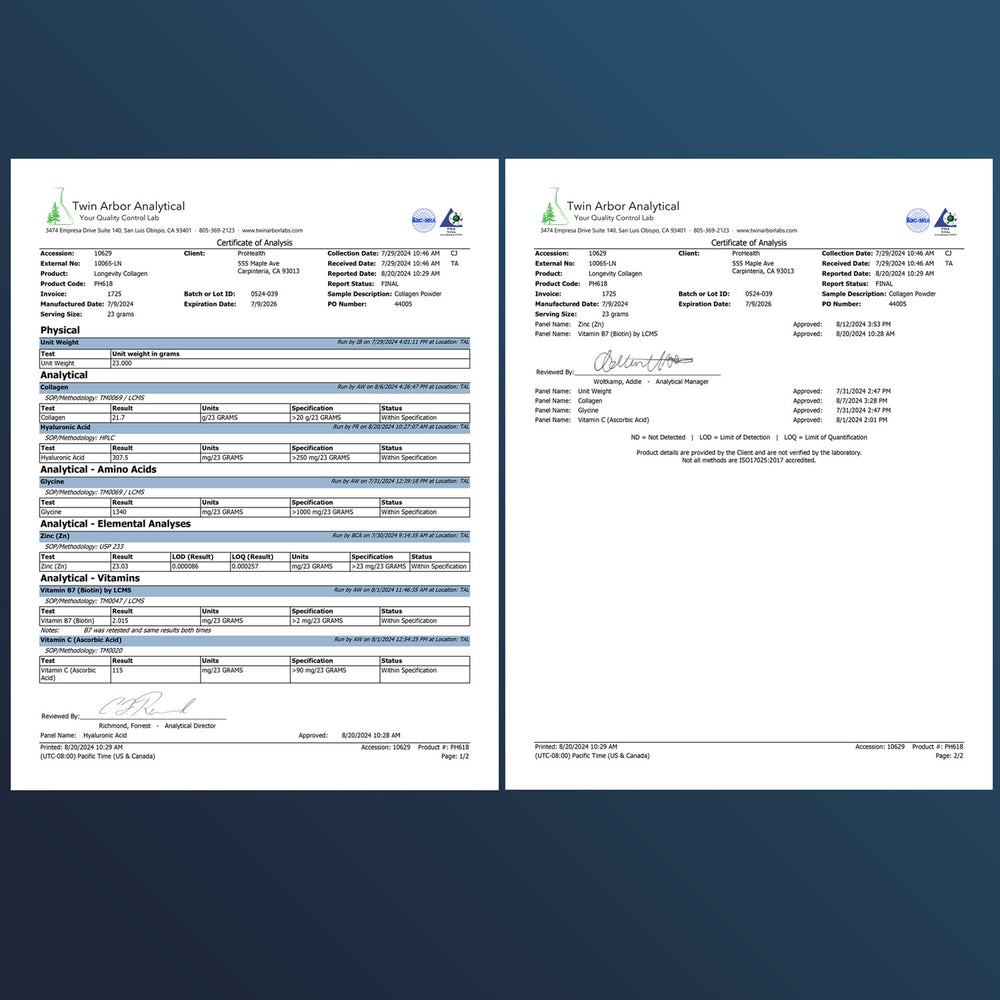 
                  
                    Longevity Collagen + TYPE I, II, III, V, & X Hydrolyzed Collagen Peptides Unflavored Powder Certificate of Analysis
                  
                