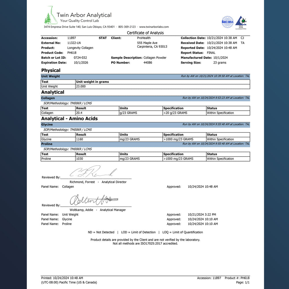 
                  
                    Longevity Collagen + TYPE I, II, III, V, & X Hydrolyzed Collagen Peptides Unflavored Powder Certificate of Analysis
                  
                