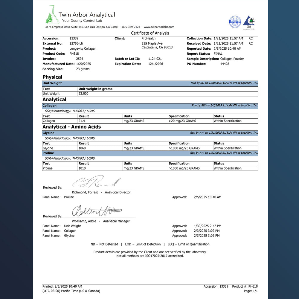 
                  
                    Longevity Collagen + TYPE I, II, III, V, & X Hydrolyzed Collagen Peptides Unflavored Powder Certificate of Analysis
                  
                