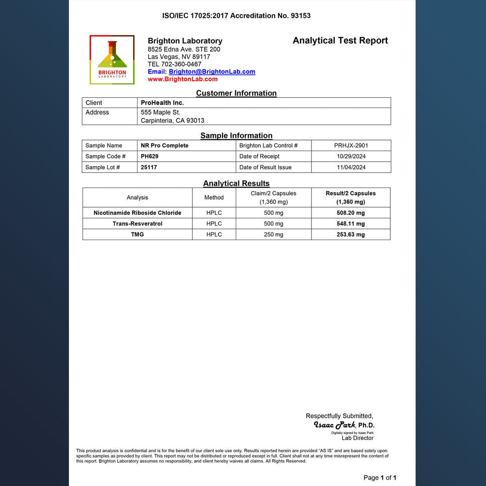 
                  
                    Nicotinamide Riboside Pro Complete Certificate of Analysis
                  
                