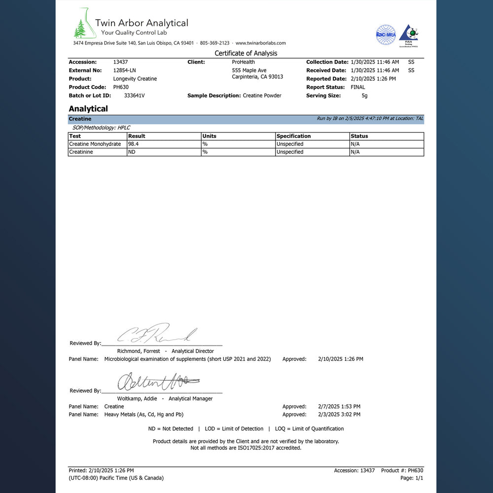 
                  
                    Longevity Creatine Certificate of Analysis
                  
                