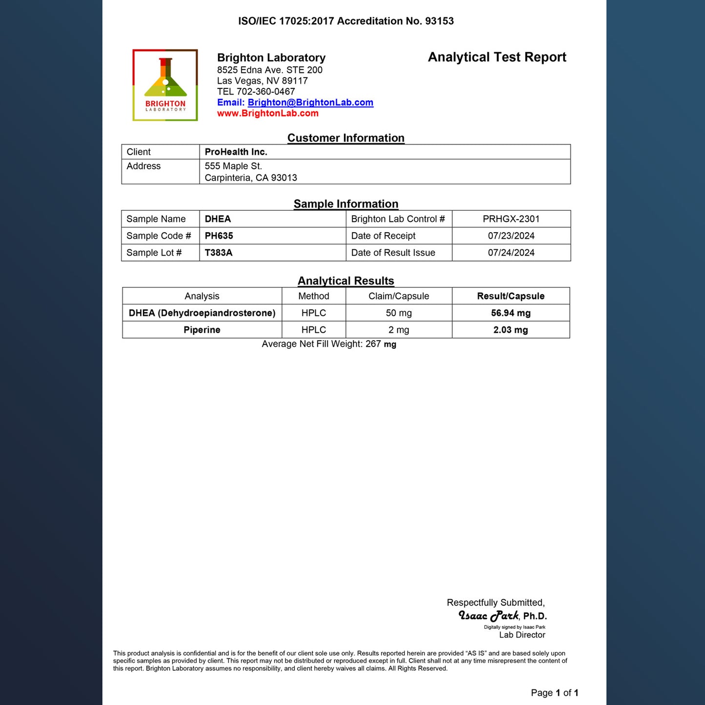 
                  
                    DHEA Certificate of Analysis
                  
                