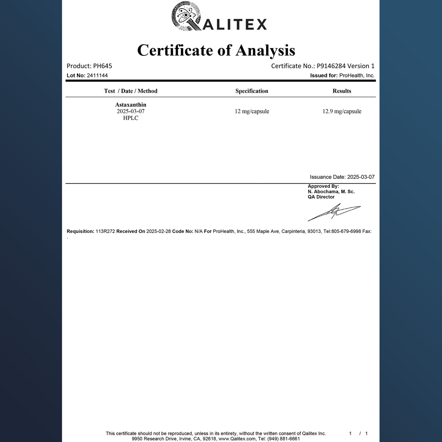 
                  
                    Astaxanthin Certificate of Analysis
                  
                