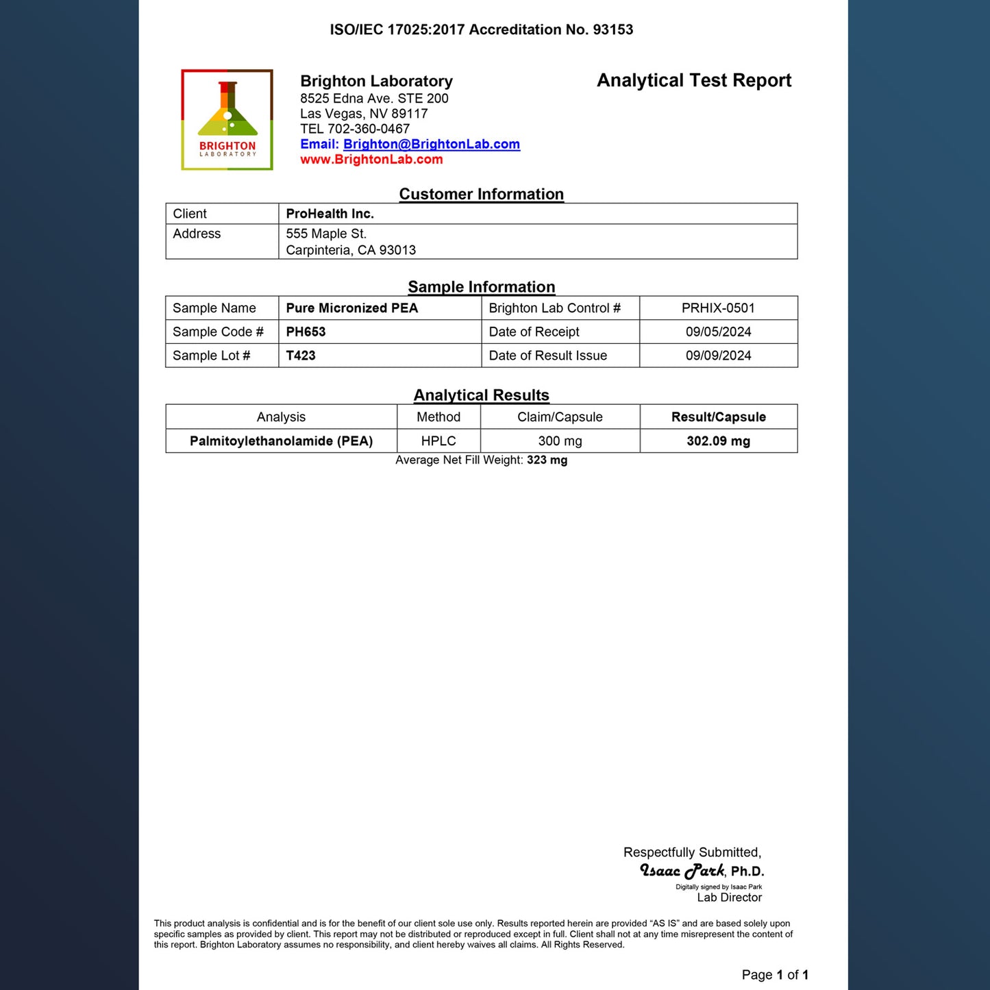 
                  
                    Pure Micronized P.E.A. Certificate of Analysis
                  
                