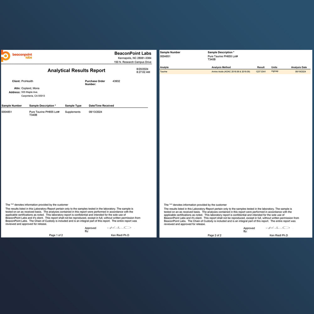 
                  
                    Pure Taurine Certificate of Analysis
                  
                