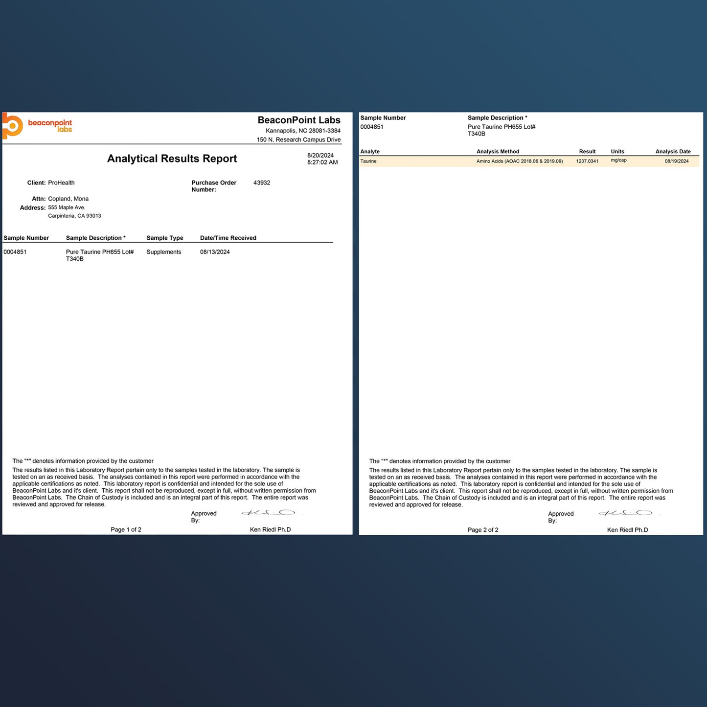 
                  
                    Pure Taurine Certificate of Analysis
                  
                