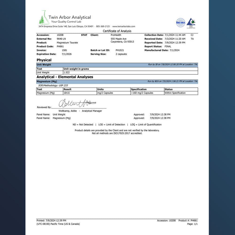 
                  
                    Pure Magnesium Taurate Certificate of Analysis
                  
                