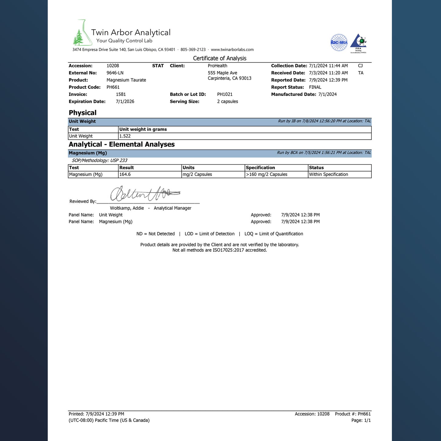 
                  
                    Pure Magnesium Taurate Certificate of Analysis
                  
                