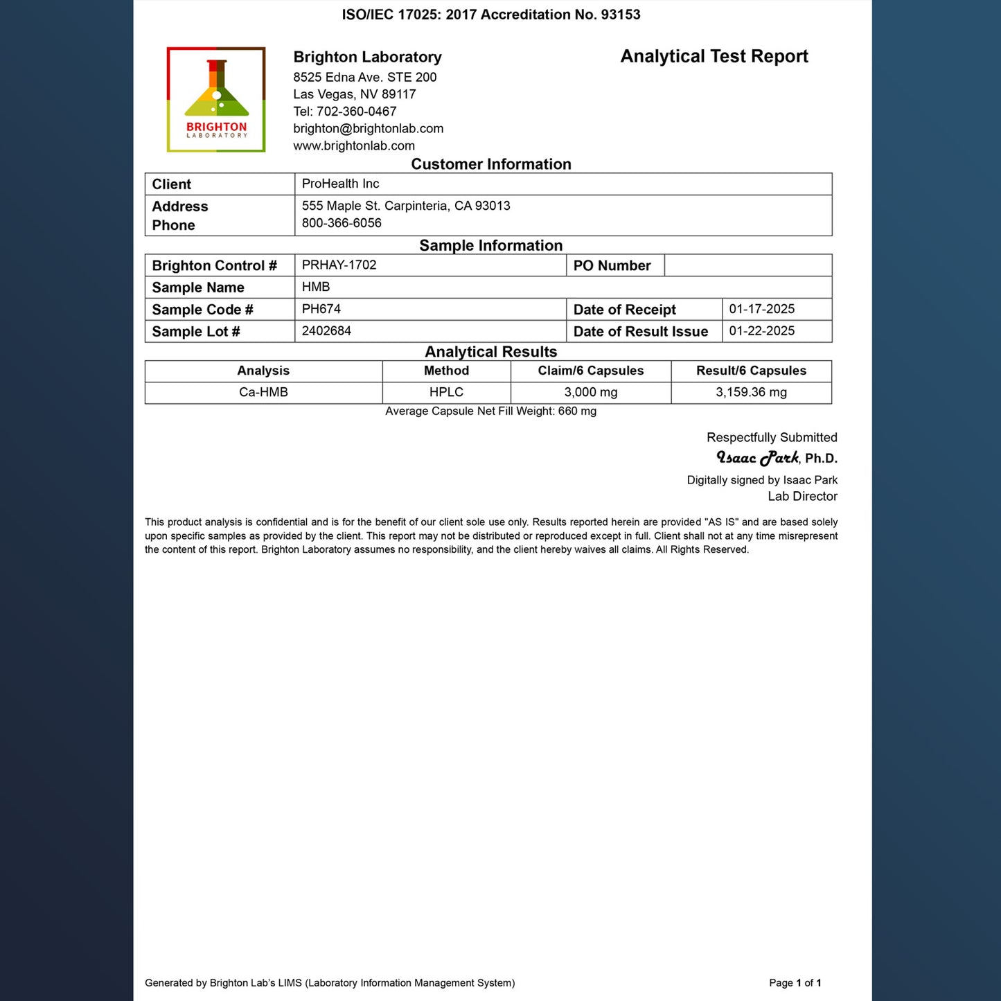 
                  
                    HMB Certificate of Analysis
                  
                