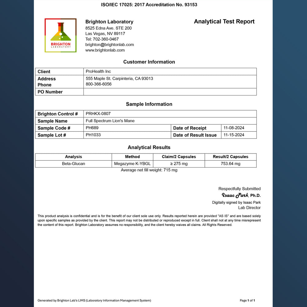 
                  
                    Full Spectrum Lions Mane Certificate of Analysis
                  
                