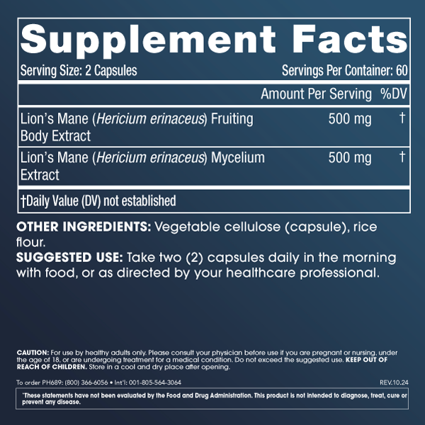 
                  
                    Full Spectrum Lions Mane Supplement Facts and Label Information
                  
                