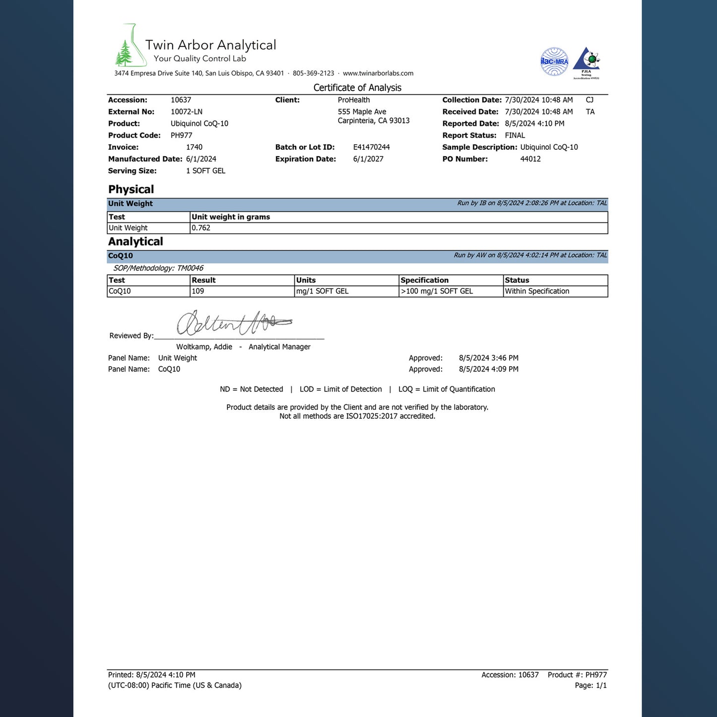 
                  
                    Ubiquinol CoQ-10 Certificate of Analysis
                  
                